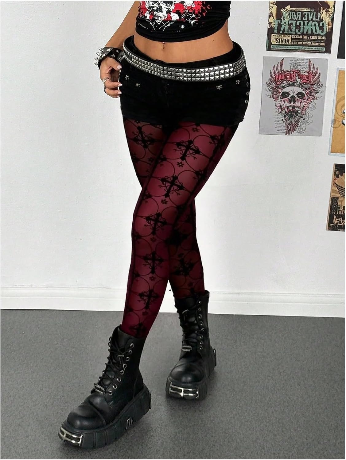 image:imageSHENHE Womens Sexy Gothic Punk Pants Mesh Sheer High Waist LeggingsBurgundy