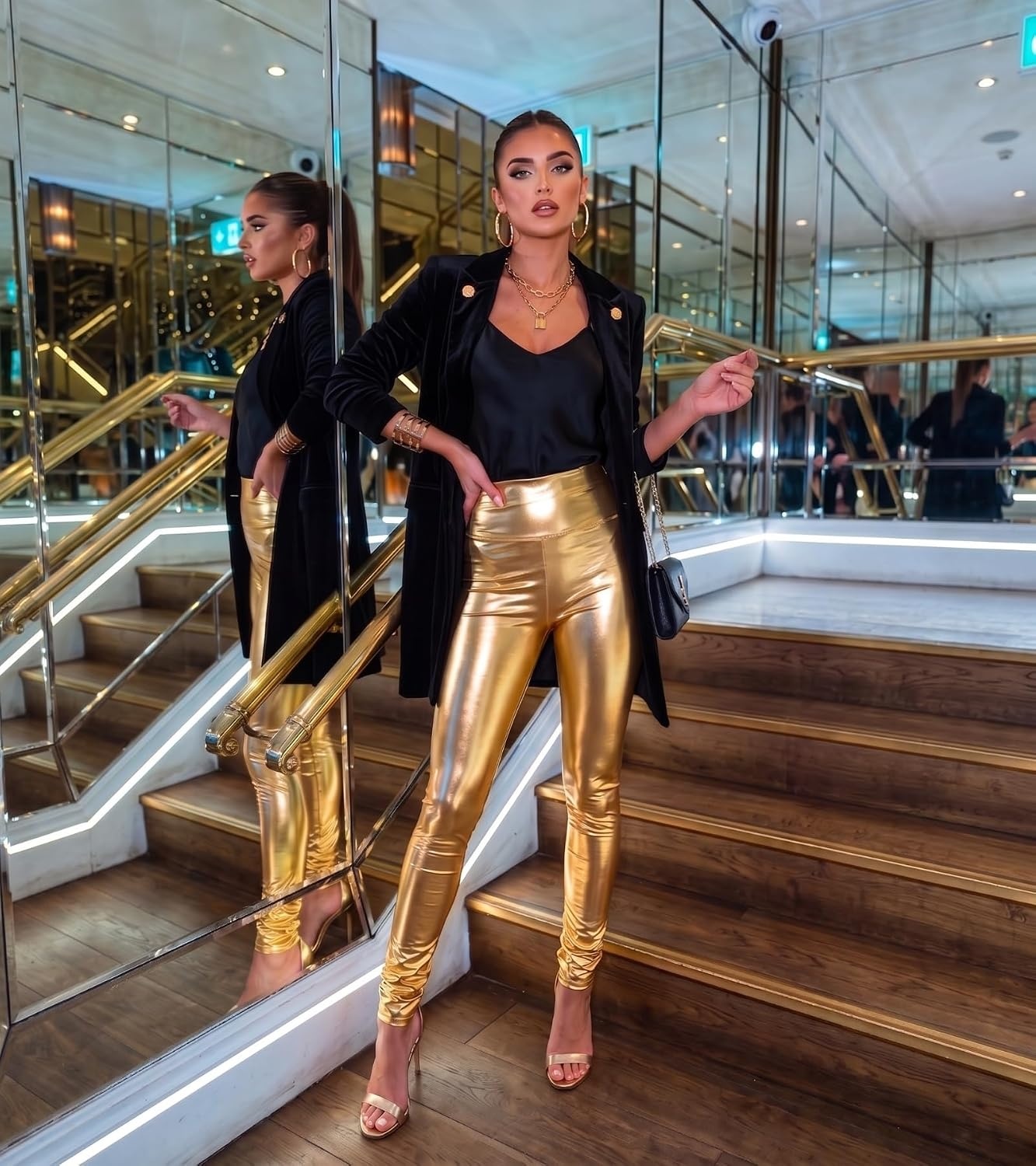 image:imageSakkas Shiny Liquid Metallic High Waist Stretch Leggings Made in USAGold