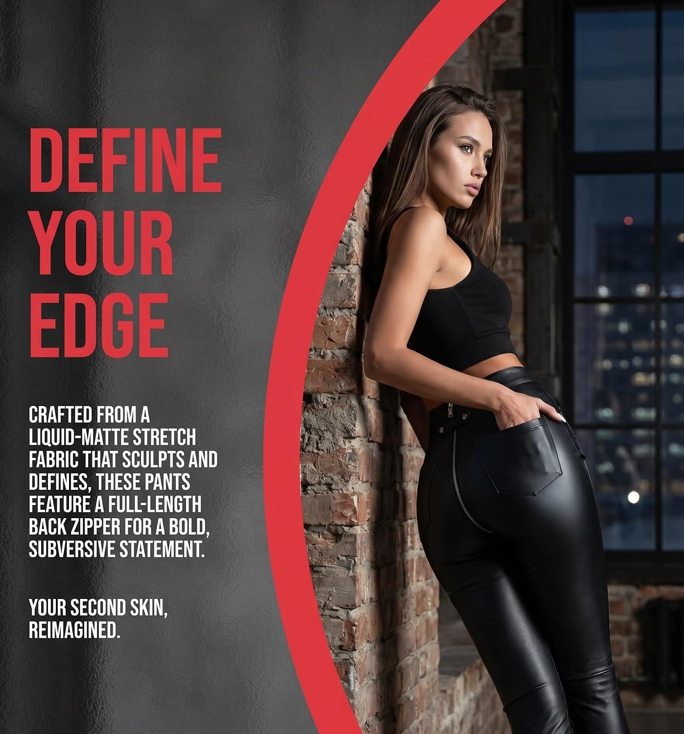 image:imageSorrica Womens Faux Leather Leggings with Full Zipper Crotch High Waisted PU Leather Skinny Pants Stretchy Fitted TightsBlack