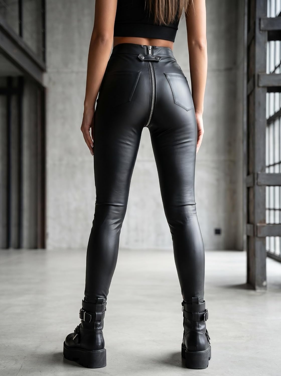 image:imageSorrica Womens Faux Leather Leggings with Full Zipper Crotch High Waisted PU Leather Skinny Pants Stretchy Fitted TightsBlack