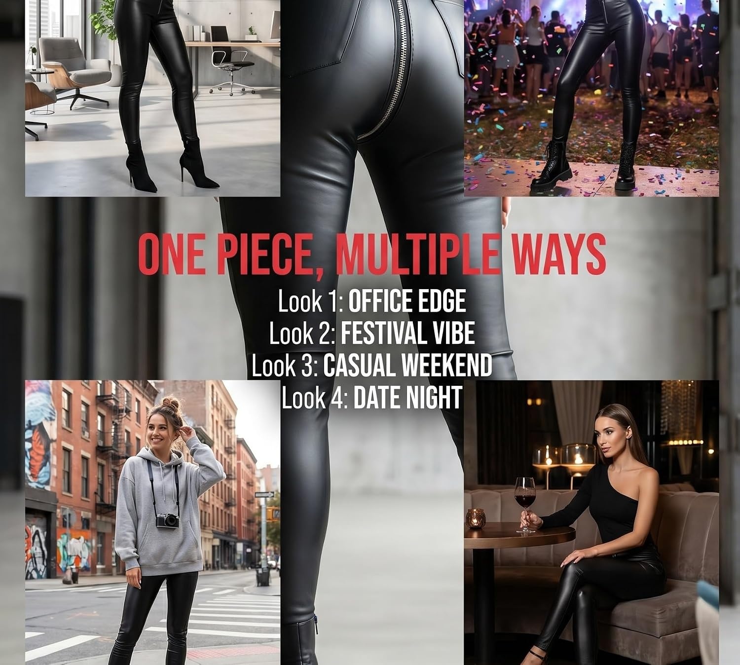 image:imageSorrica Womens Faux Leather Leggings with Full Zipper Crotch High Waisted PU Leather Skinny Pants Stretchy Fitted TightsBlack