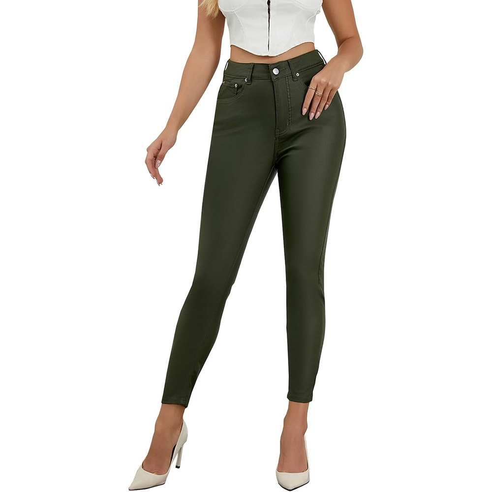 image:imageHigh Waist PU Leather Pants Skinny Disco Metallic LeggingsArmy Green