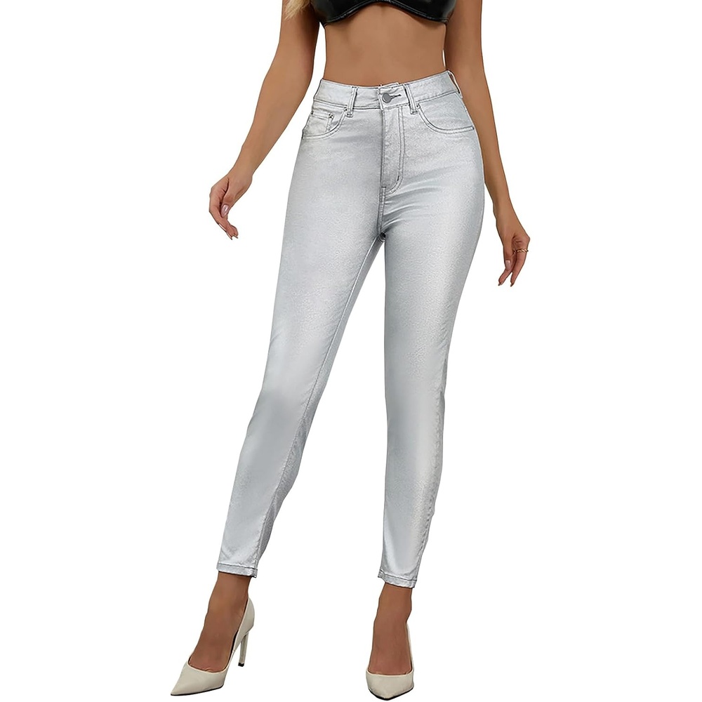 image:imageHigh Waist PU Leather Pants Skinny Disco Metallic LeggingsSilvery