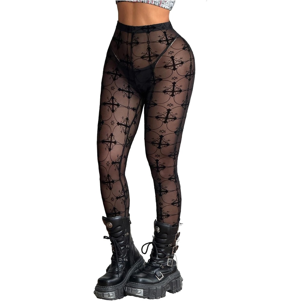 image:imageSHENHE Womens Sexy Gothic Punk Pants Mesh Sheer High Waist LeggingsBlack