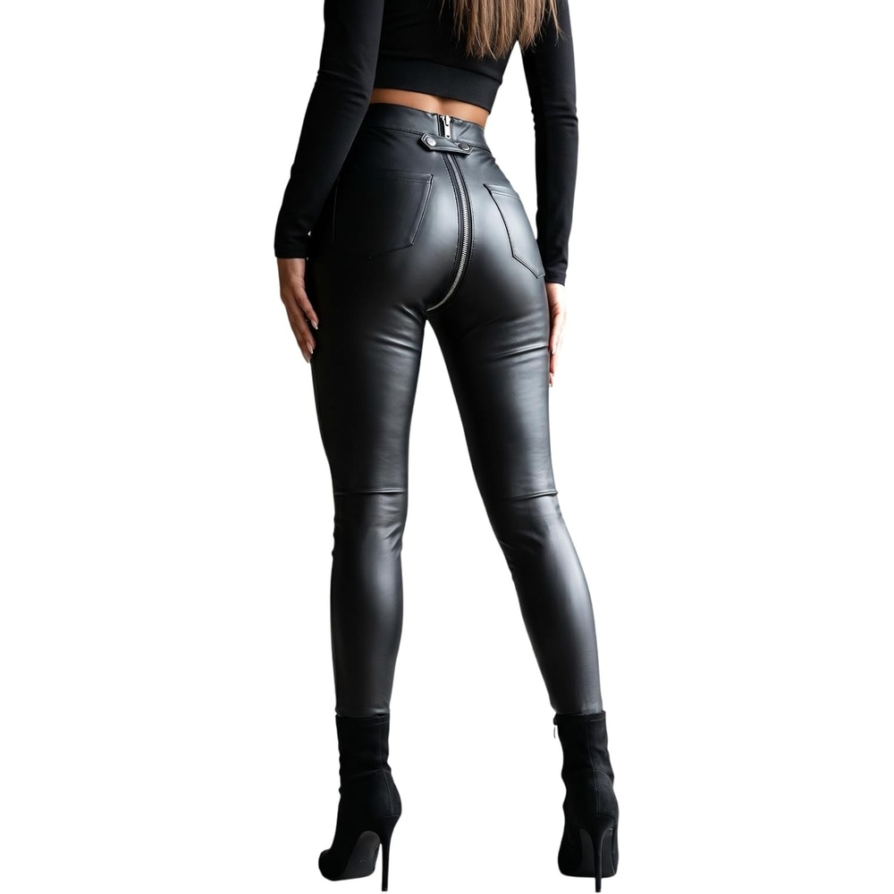 image:imageSorrica Womens Faux Leather Leggings with Full Zipper Crotch High Waisted PU Leather Skinny Pants Stretchy Fitted TightsBlack