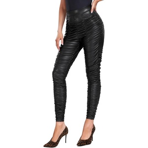 RIOJOY Women’s Shinny Sexy Leather Leggings High Waist Butt Lifting Pleather Pants Stretchy Faux Leather Tights(Stacked Pants Black)