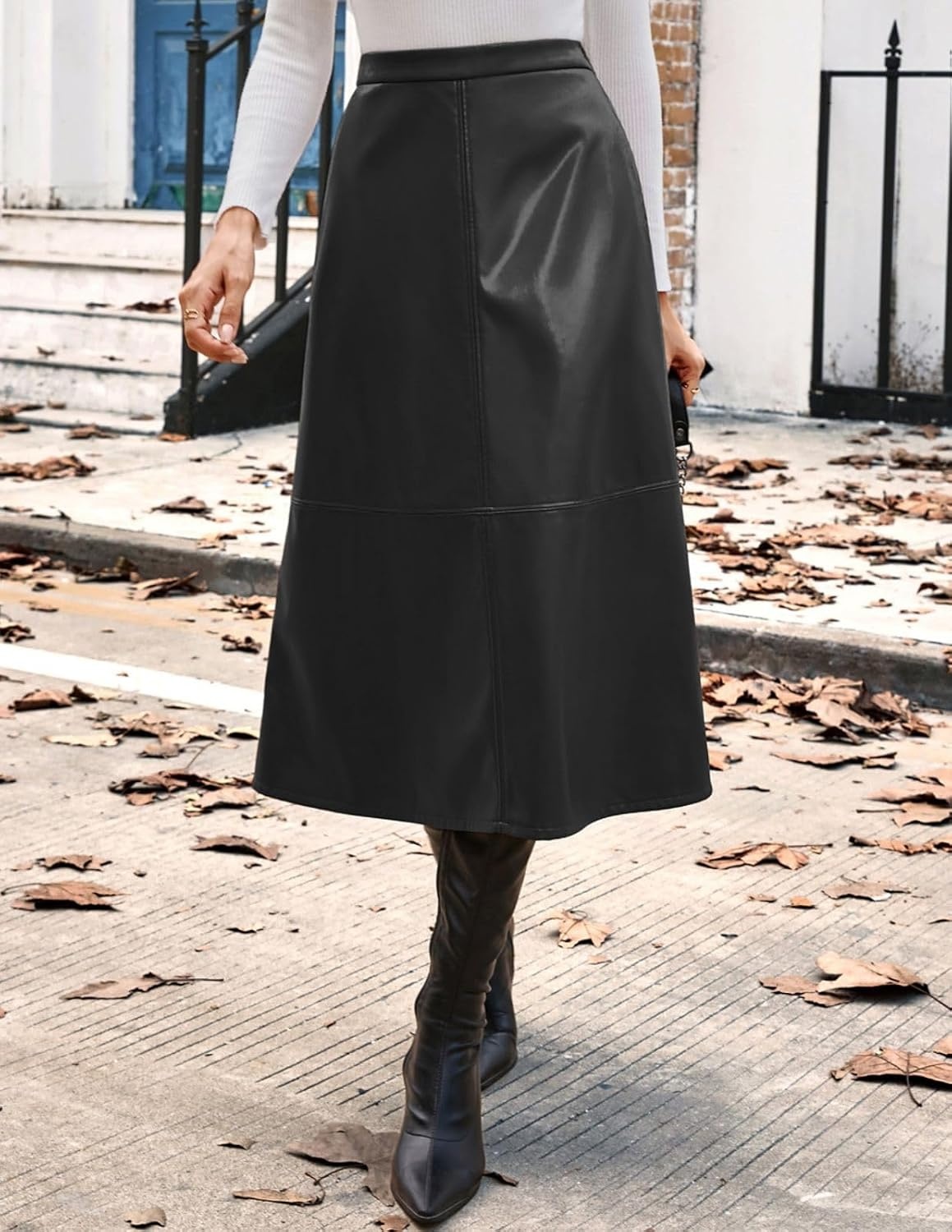 image:image2026 Faux Leather Skirts for Women High Waist A Line Fall Winter OutfitsBlack