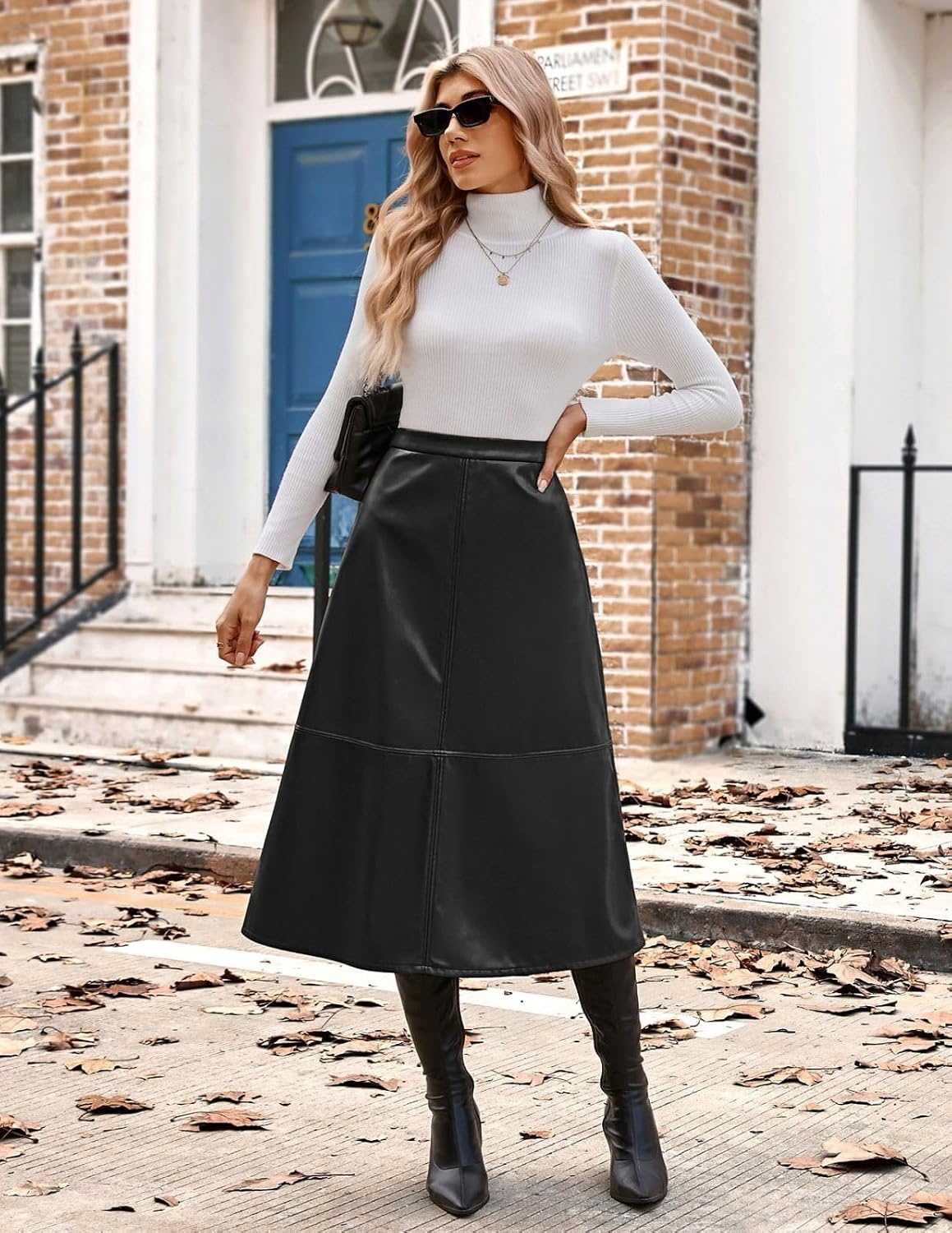 image:image2026 Faux Leather Skirts for Women High Waist A Line Fall Winter OutfitsBlack