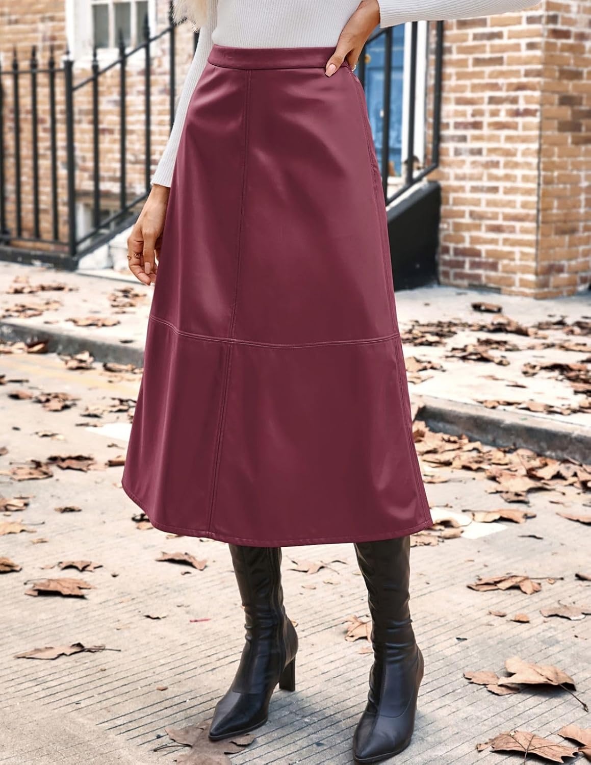 image:image2026 Faux Leather Skirts for Women High Waist A Line Fall Winter OutfitsWine Red