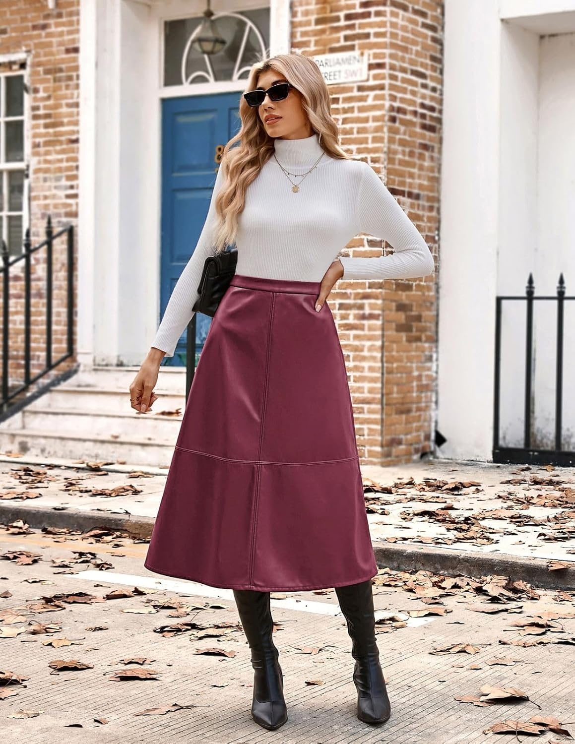 image:image2026 Faux Leather Skirts for Women High Waist A Line Fall Winter OutfitsWine Red
