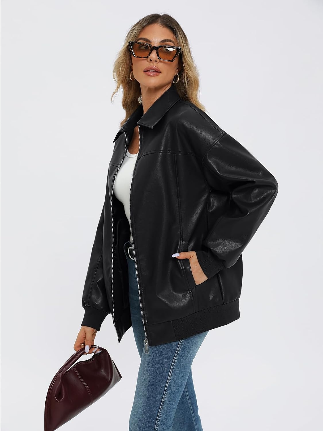 image:imageAUTOMET Womens Leather Jackets Oversized Zip Up Faux Bomber Coats 2026Black