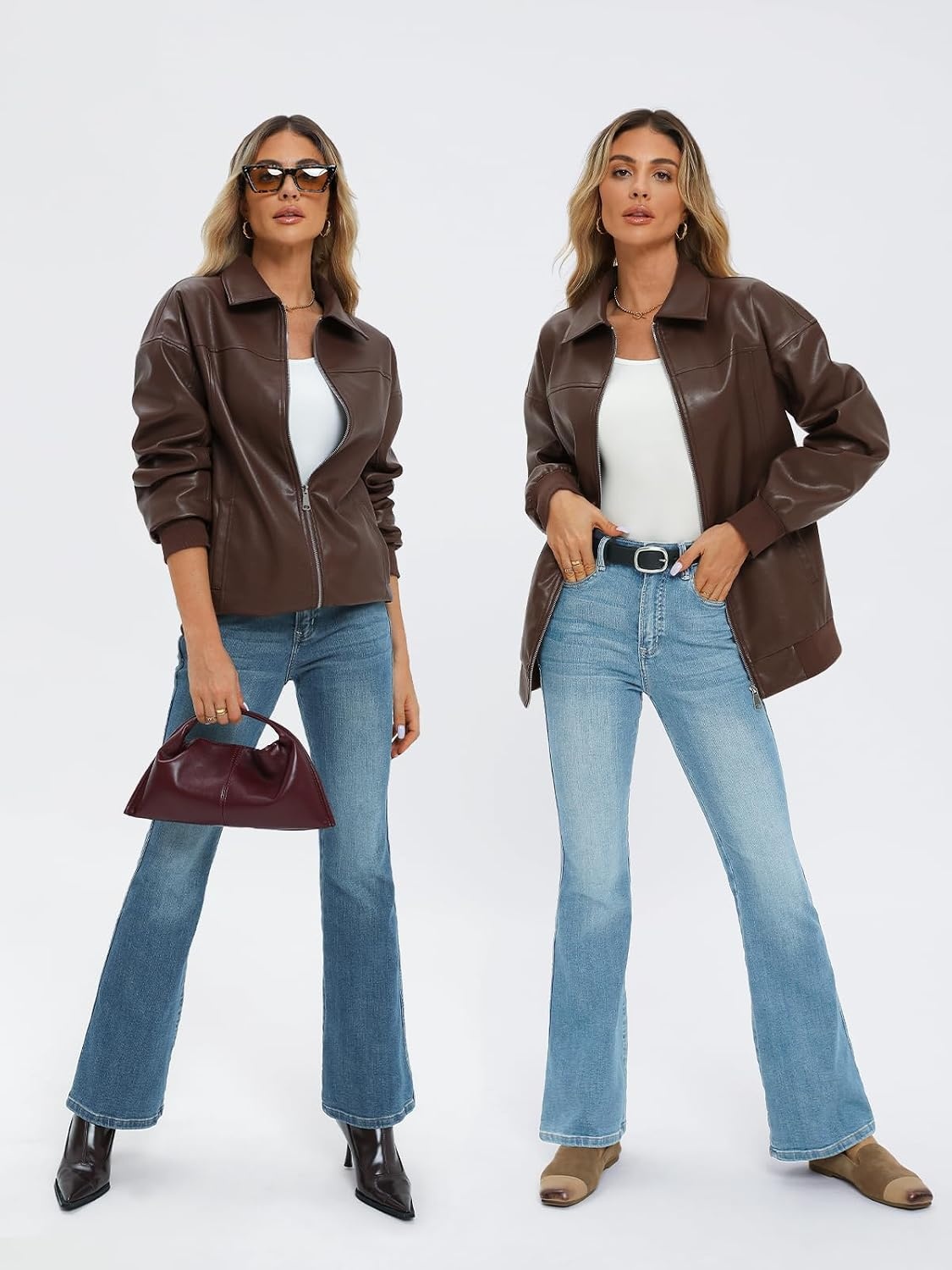 image:imageAUTOMET Womens Leather Jackets Oversized Zip Up Faux Bomber Coats 2026Brown