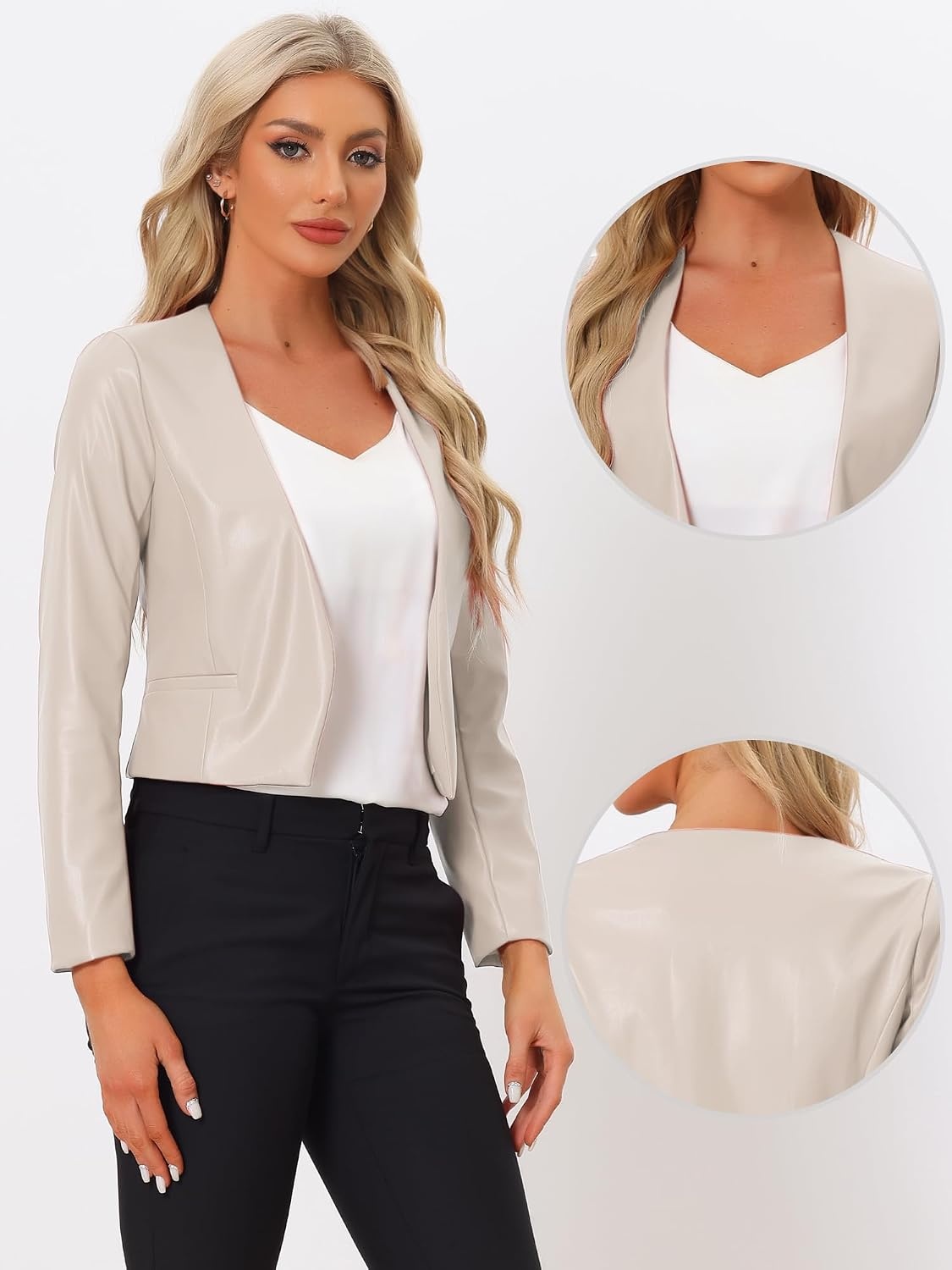 image:imageAllegra K Faux Leather Jacket for Womens Moto Biker Collarless Crop JacketBeige