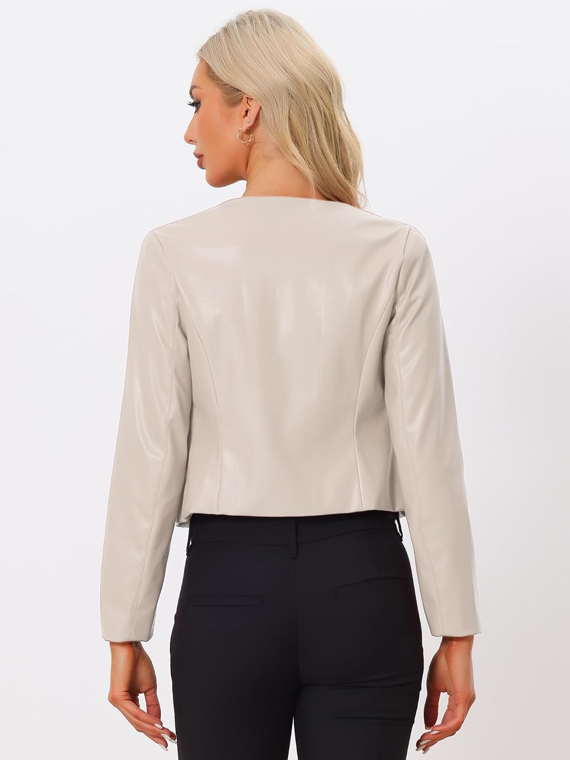 image:imageAllegra K Faux Leather Jacket for Womens Moto Biker Collarless Crop JacketBeige