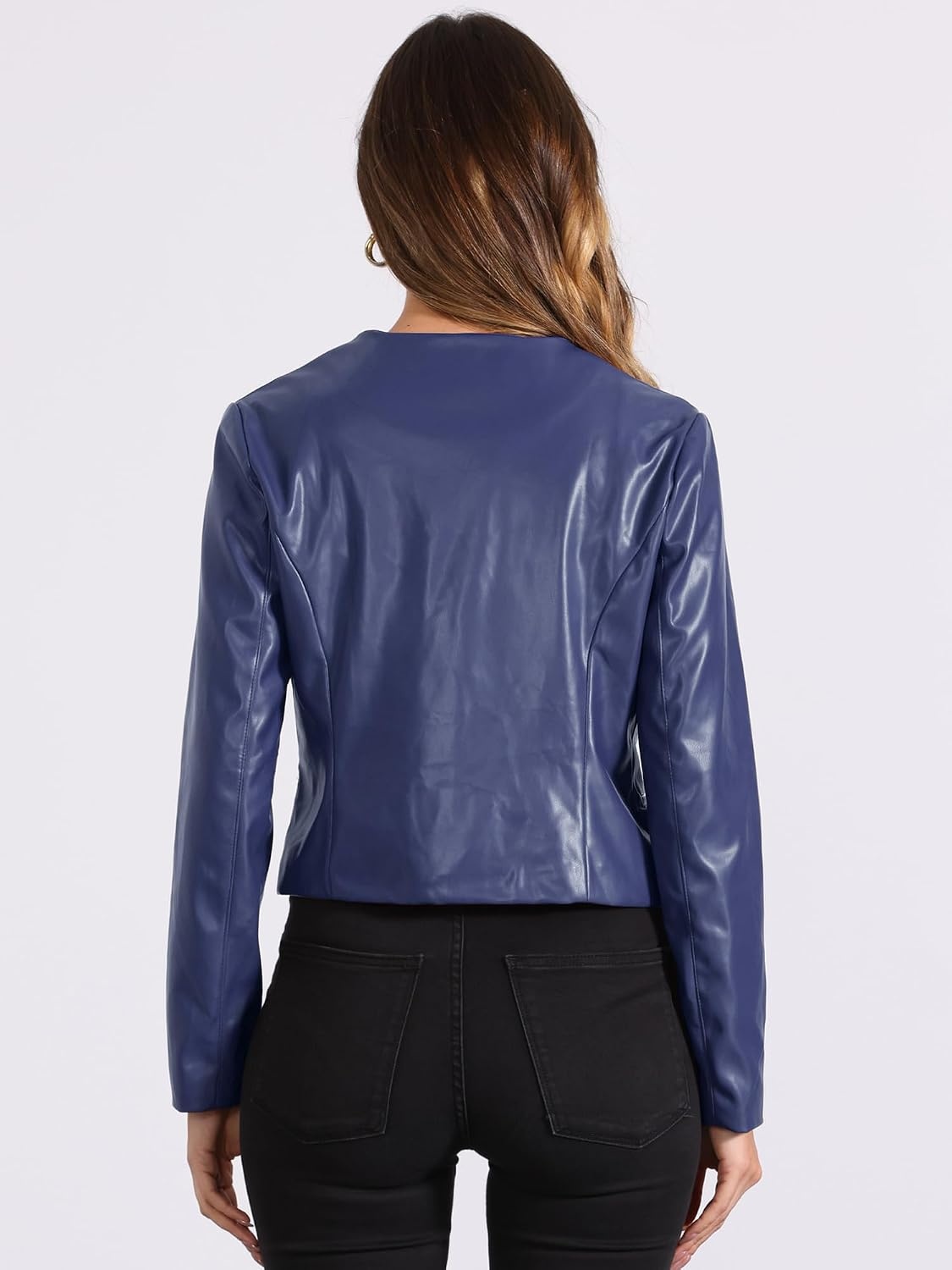 image:imageAllegra K Faux Leather Jacket for Womens Moto Biker Collarless Crop JacketDark Blue