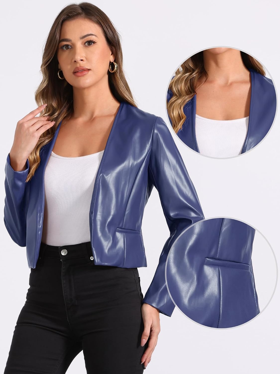 image:imageAllegra K Faux Leather Jacket for Womens Moto Biker Collarless Crop JacketDark Blue