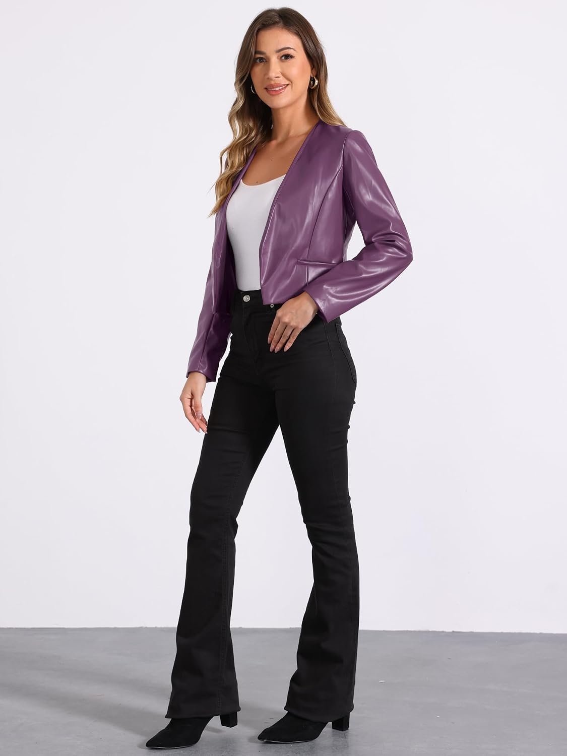 image:imageAllegra K Faux Leather Jacket for Womens Moto Biker Collarless Crop JacketDark Purple