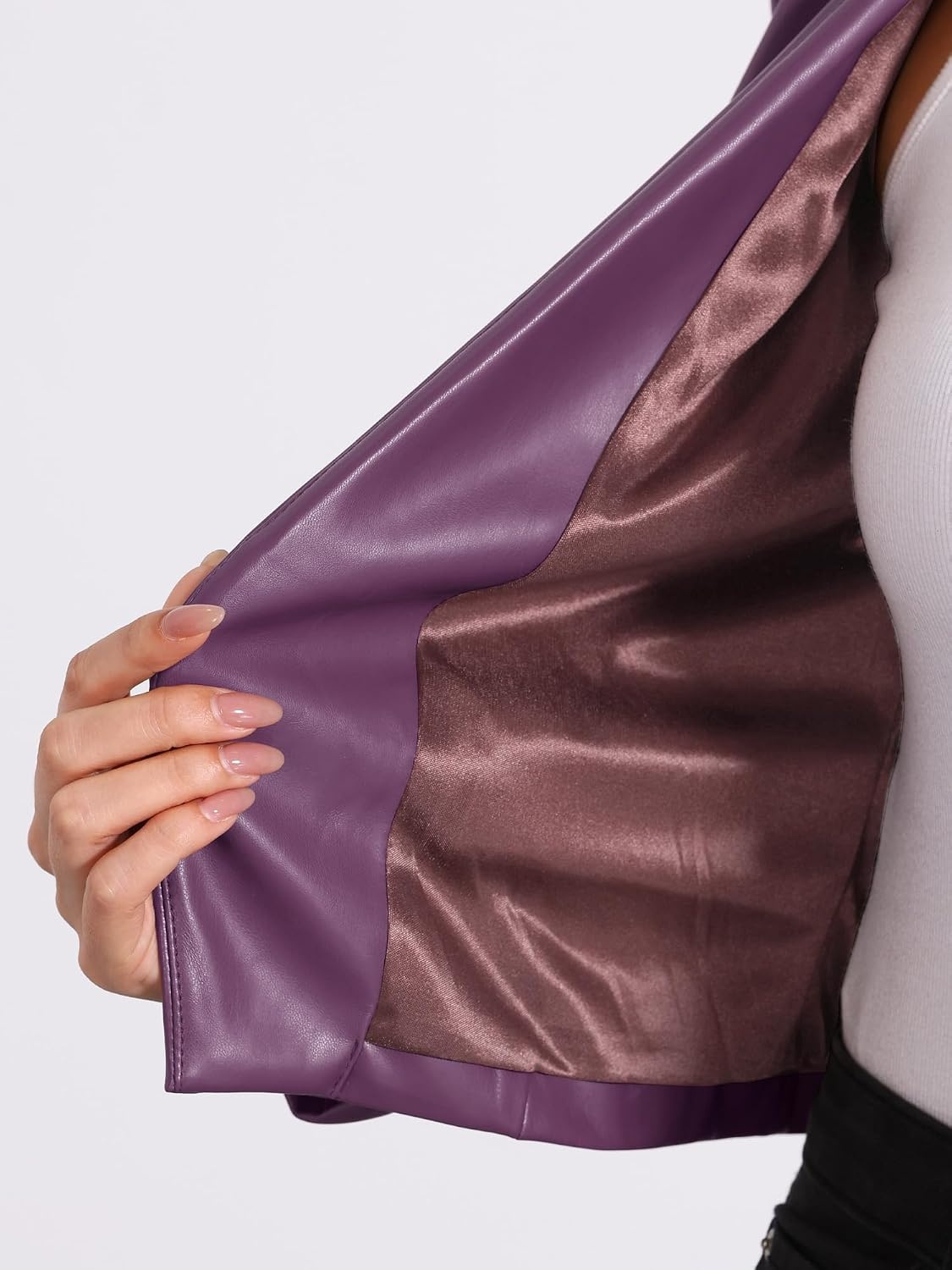 image:imageAllegra K Faux Leather Jacket for Womens Moto Biker Collarless Crop JacketDark Purple