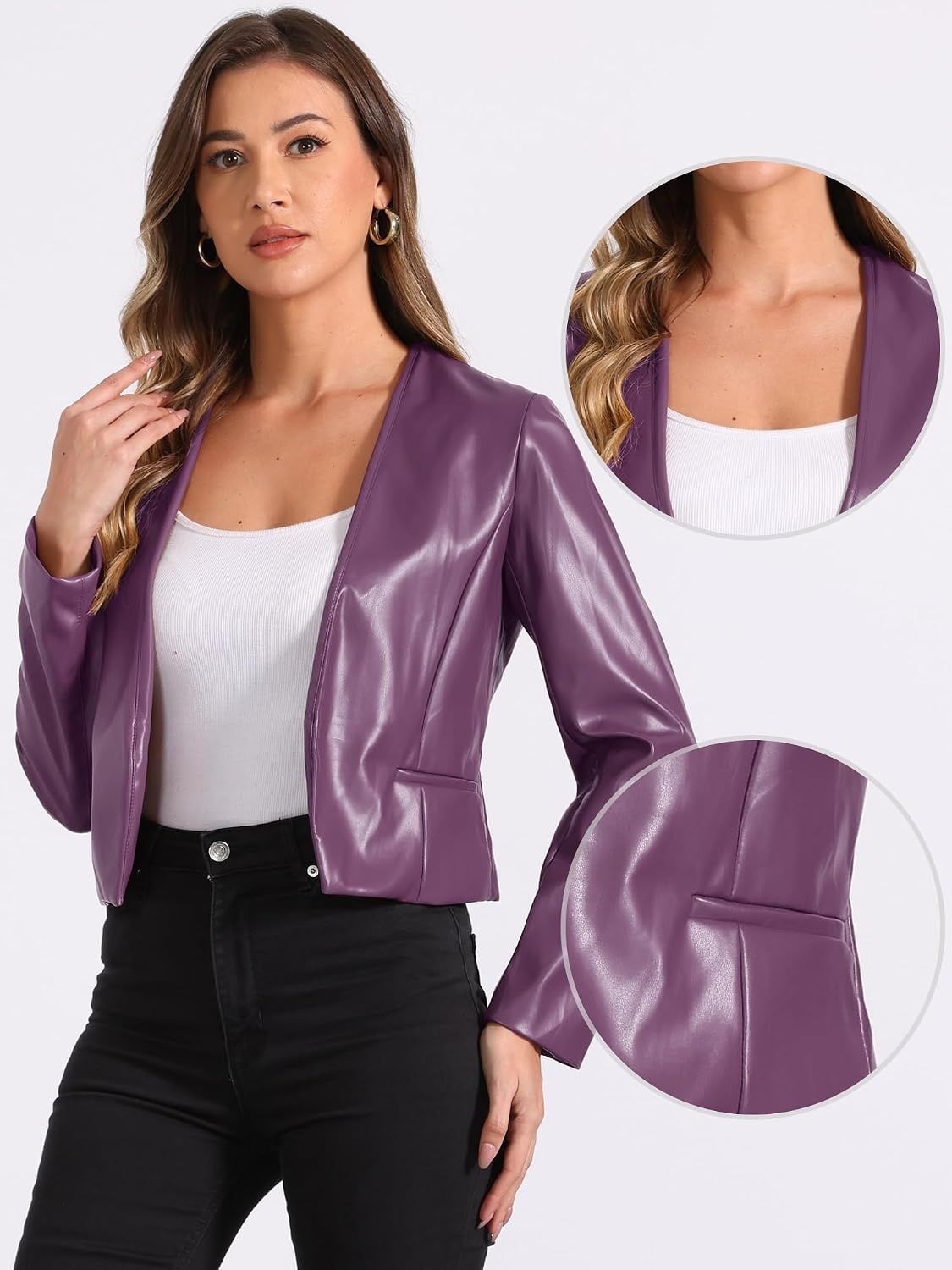 image:imageAllegra K Faux Leather Jacket for Womens Moto Biker Collarless Crop JacketDark Purple