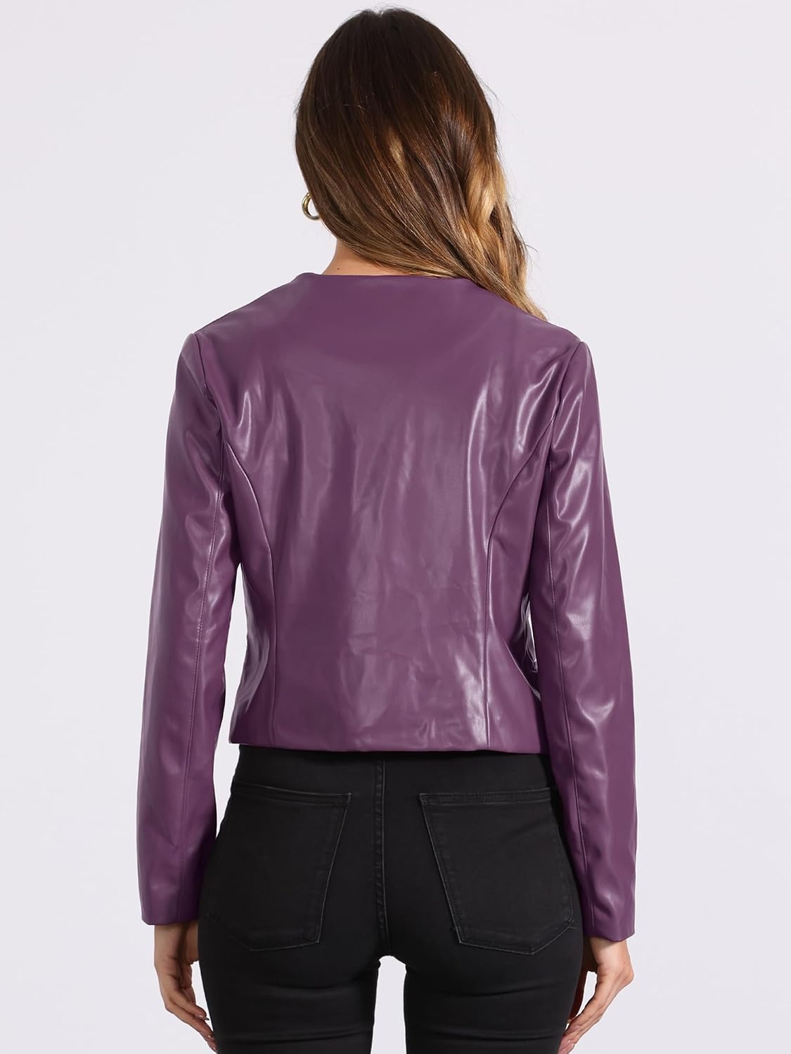 image:imageAllegra K Faux Leather Jacket for Womens Moto Biker Collarless Crop JacketDark Purple