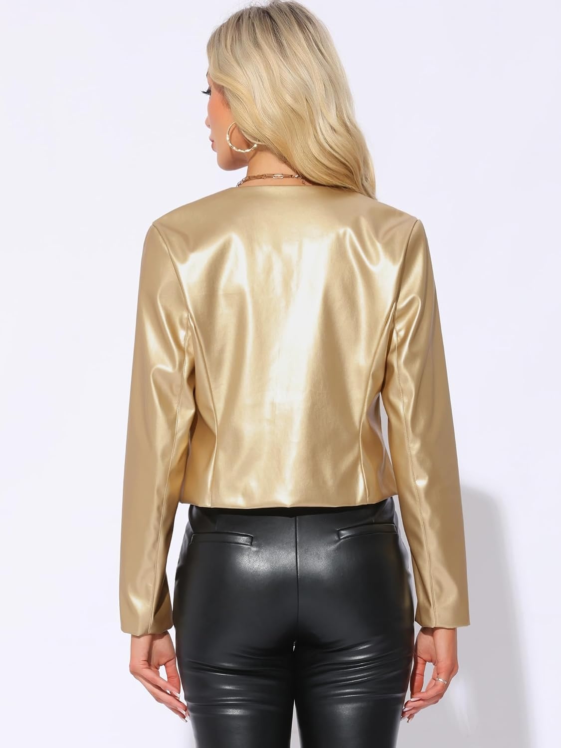 image:imageAllegra K Faux Leather Jacket for Womens Moto Biker Collarless Crop JacketGold