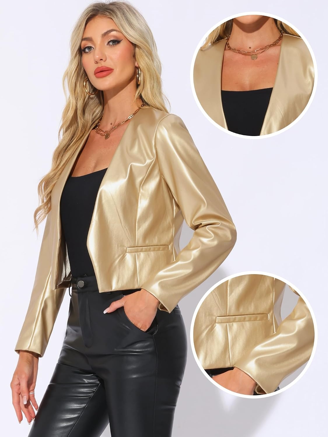 image:imageAllegra K Faux Leather Jacket for Womens Moto Biker Collarless Crop JacketGold
