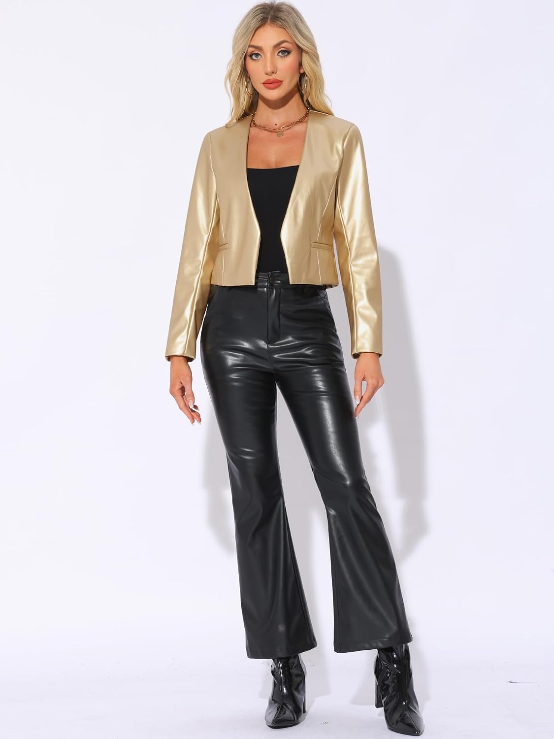 image:imageAllegra K Faux Leather Jacket for Womens Moto Biker Collarless Crop JacketGold