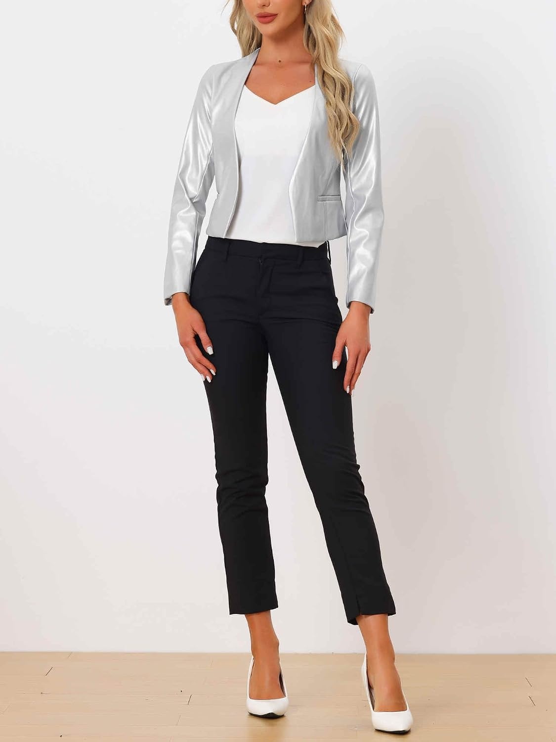 image:imageAllegra K Faux Leather Jacket for Womens Moto Biker Collarless Crop JacketSilver