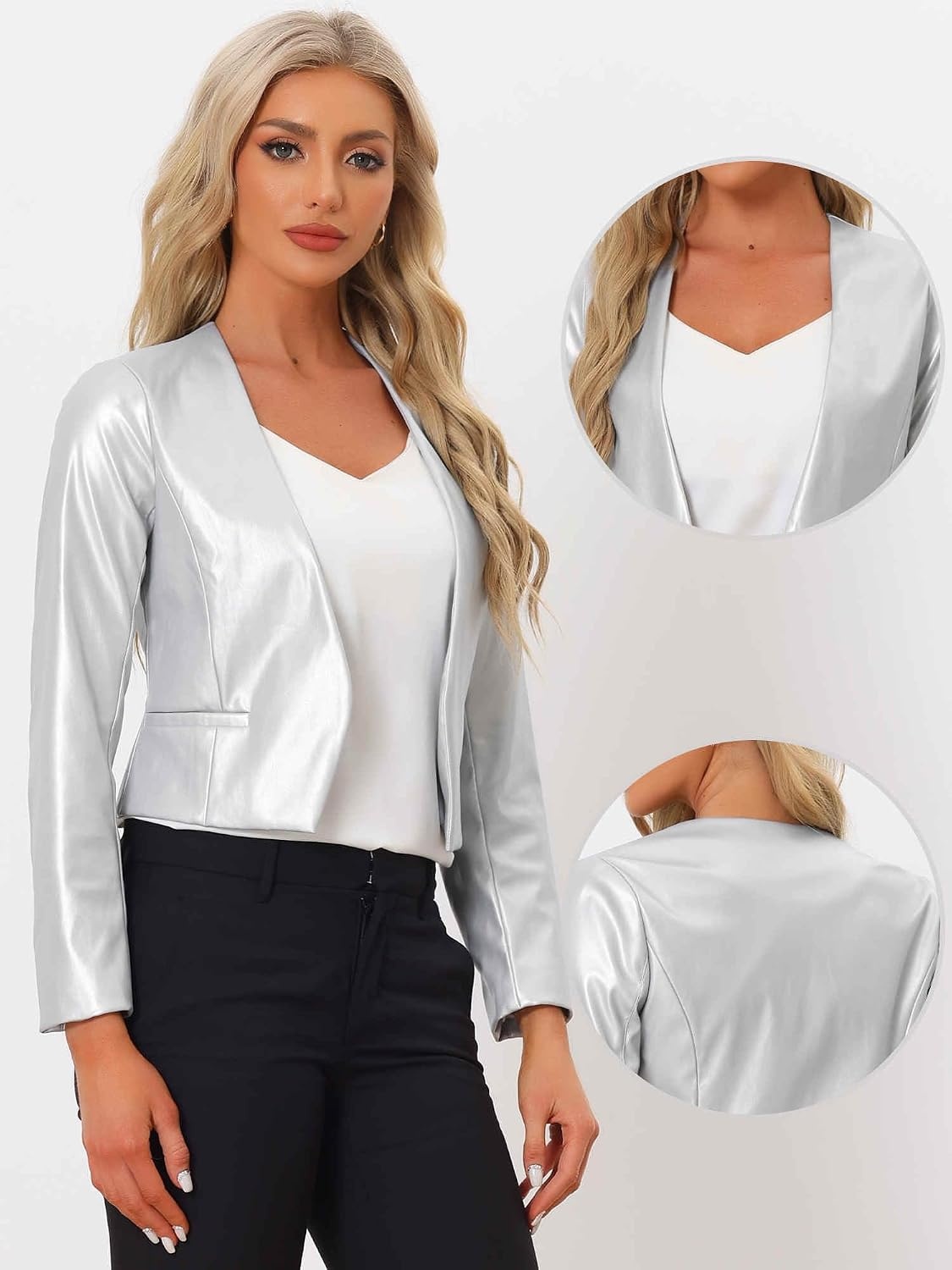 image:imageAllegra K Faux Leather Jacket for Womens Moto Biker Collarless Crop JacketSilver