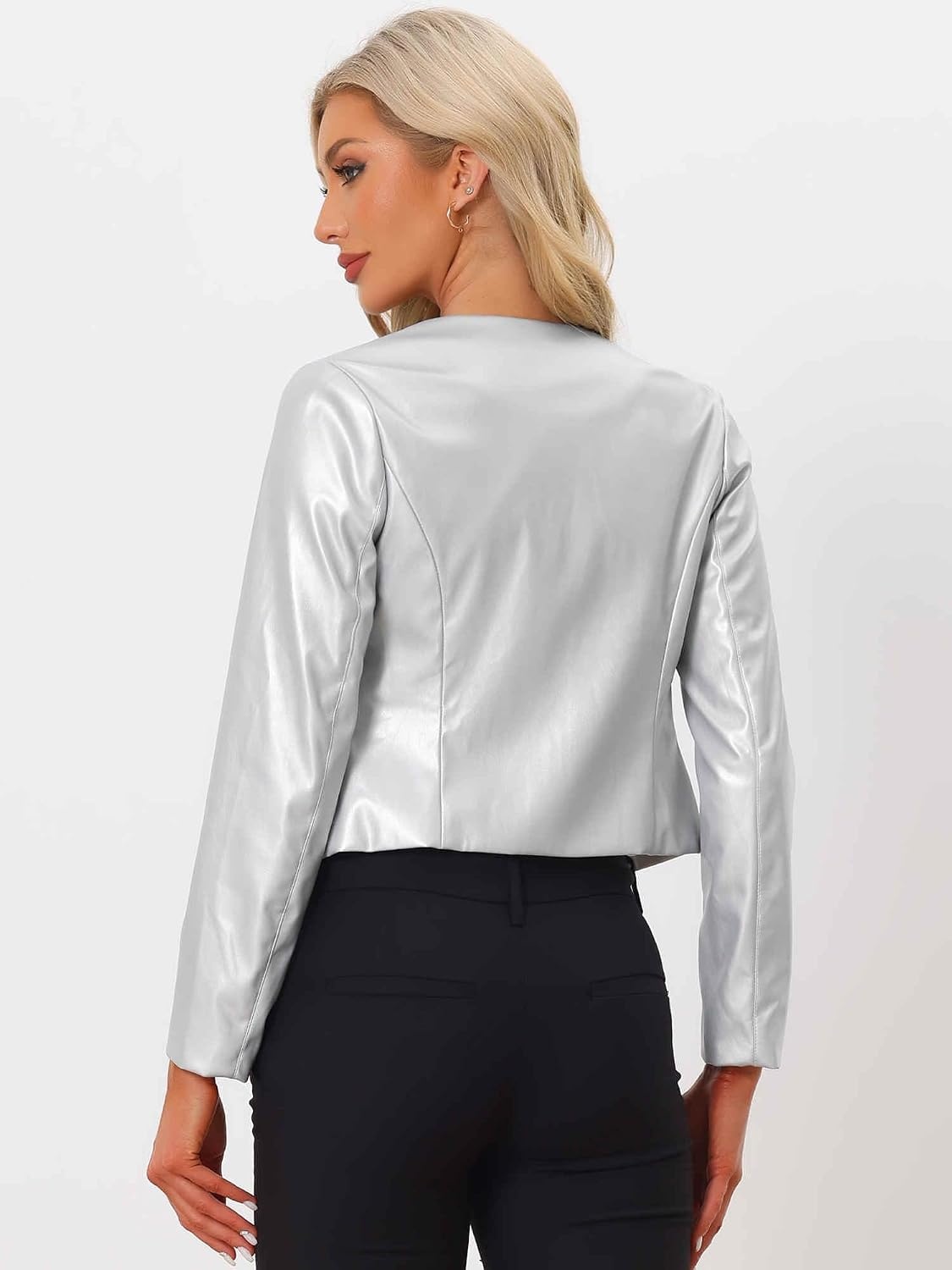 image:imageAllegra K Faux Leather Jacket for Womens Moto Biker Collarless Crop JacketSilver
