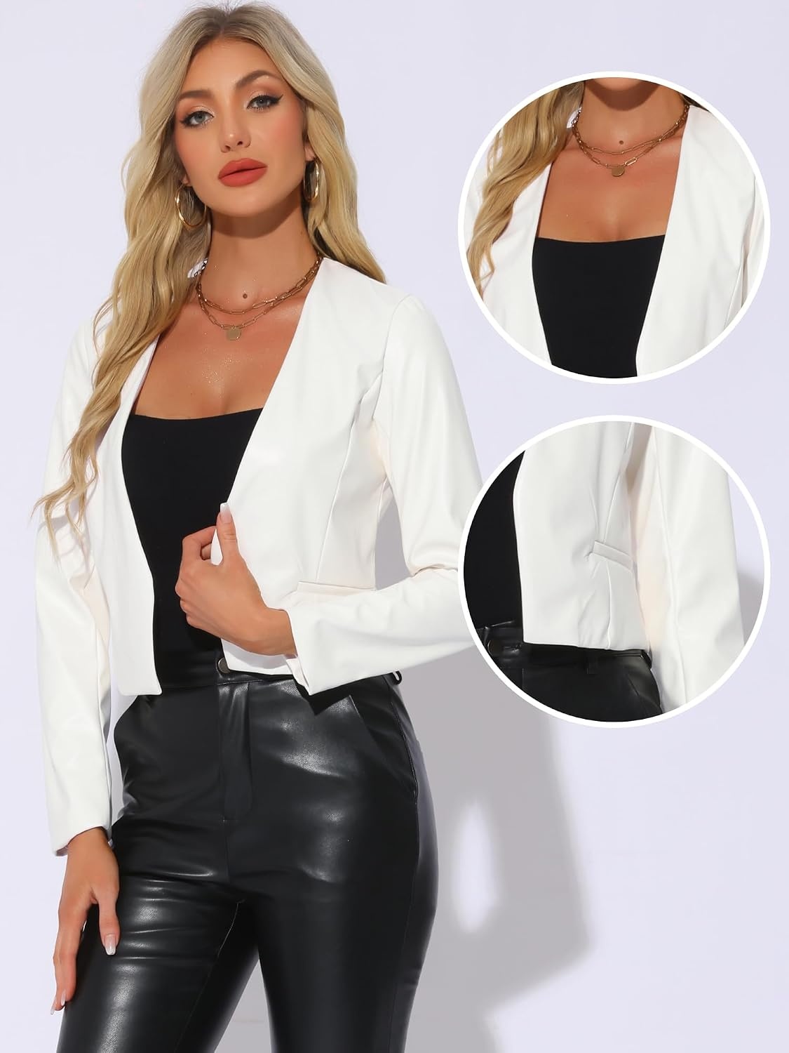 image:imageAllegra K Faux Leather Jacket for Womens Moto Biker Collarless Crop JacketWhite