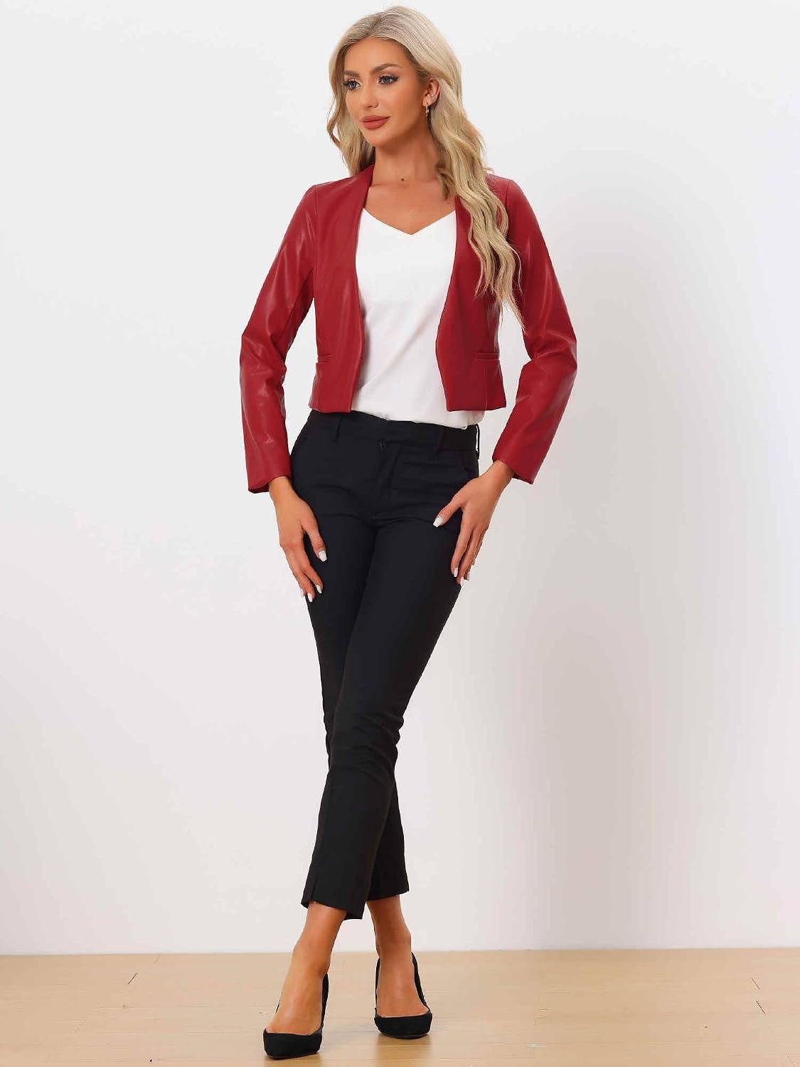 image:imageAllegra K Faux Leather Jacket for Womens Moto Biker Collarless Crop JacketWine Red