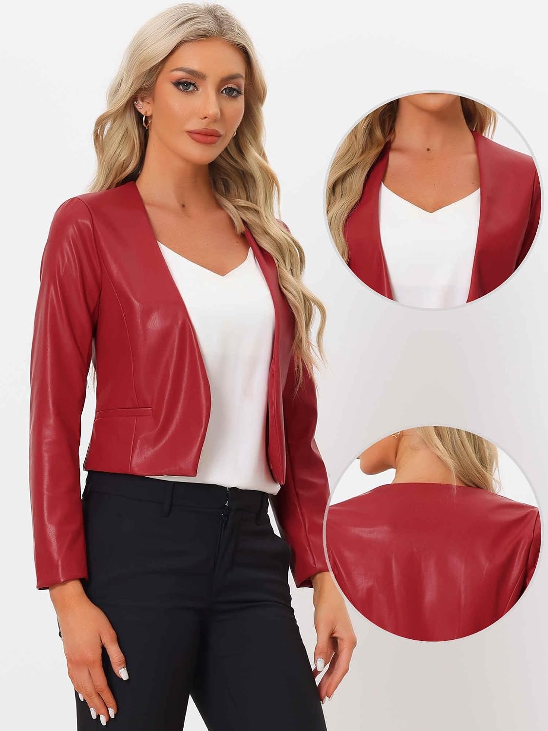 image:imageAllegra K Faux Leather Jacket for Womens Moto Biker Collarless Crop JacketWine Red