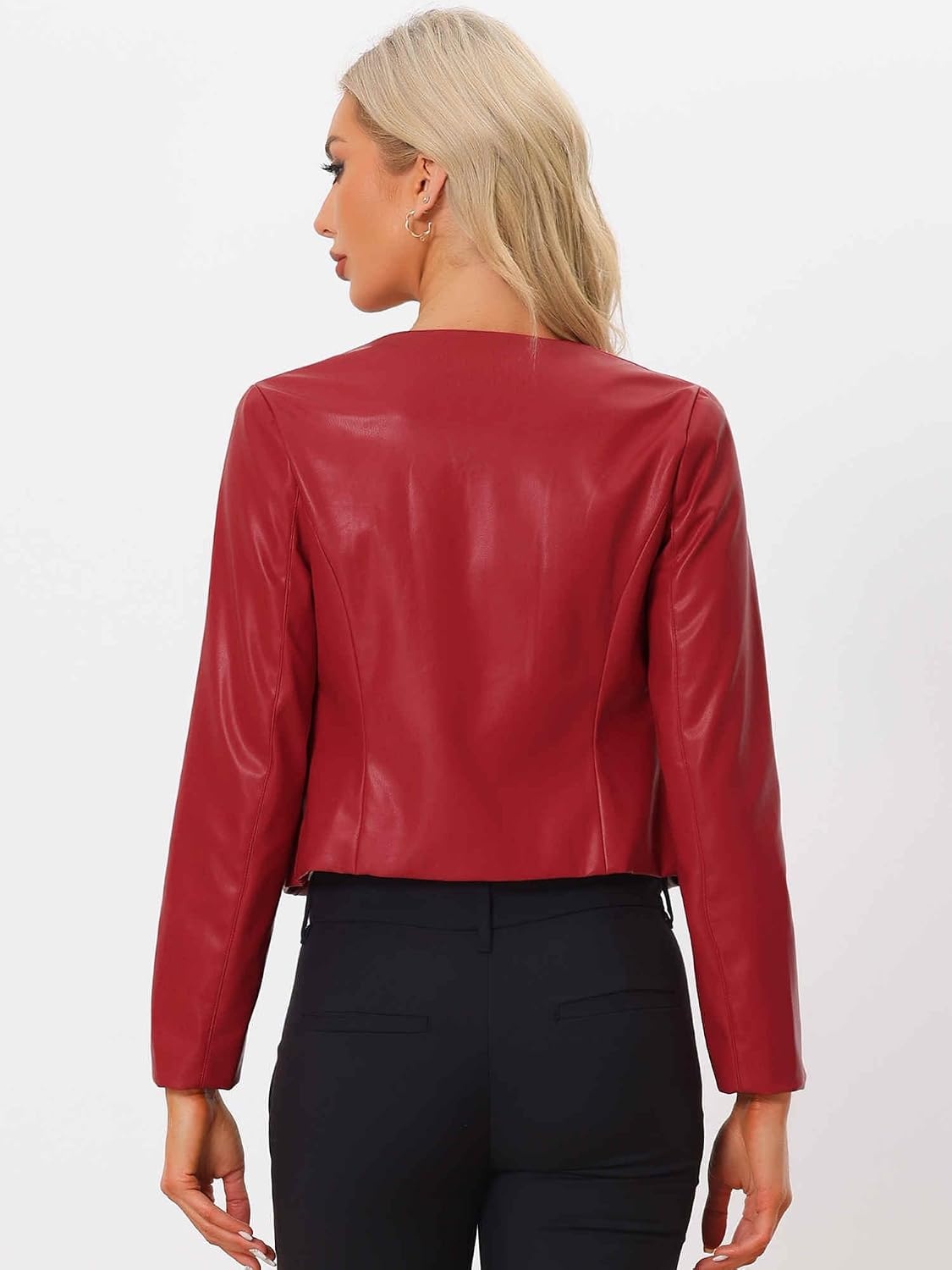 image:imageAllegra K Faux Leather Jacket for Womens Moto Biker Collarless Crop JacketWine Red