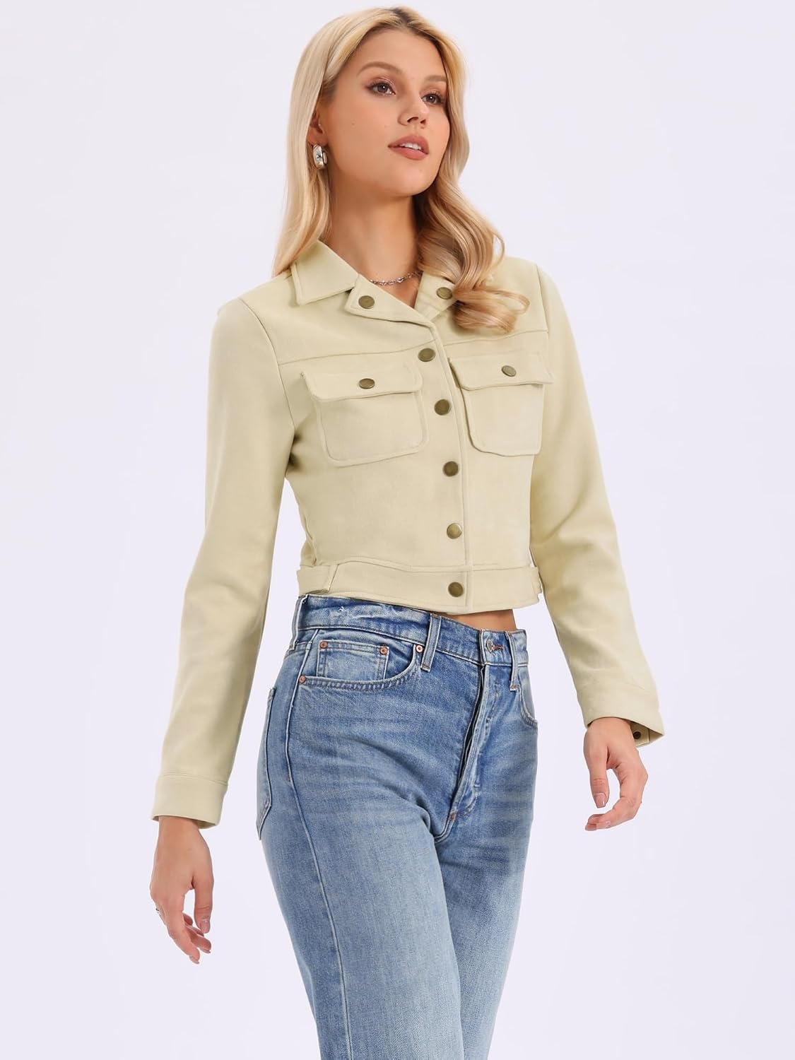 image:imageAllegra K Womens Faux Suede Jacket Button Down Collar Crop OuterwearBeige