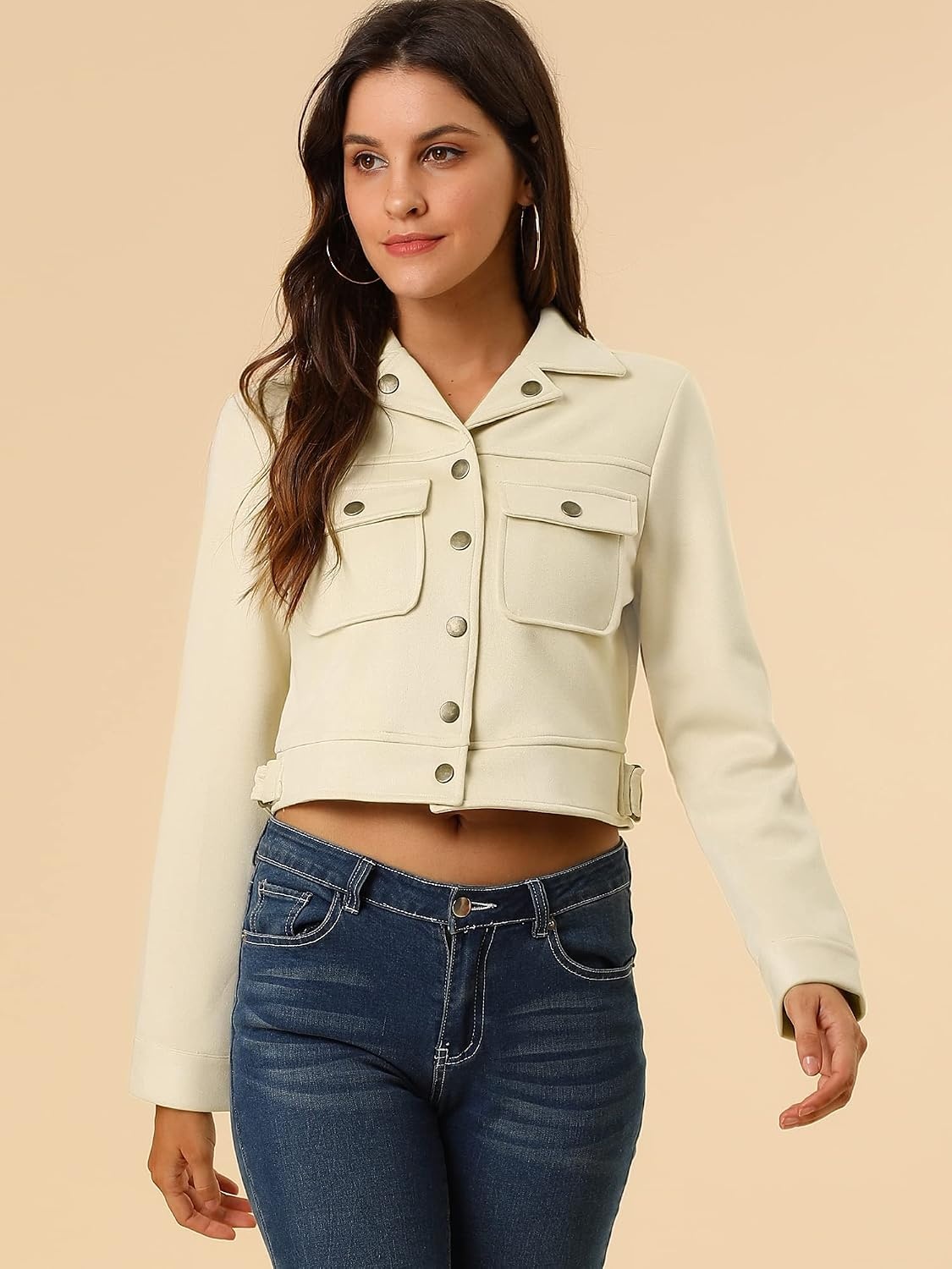 image:imageAllegra K Womens Faux Suede Jacket Button Down Collar Crop OuterwearBeige