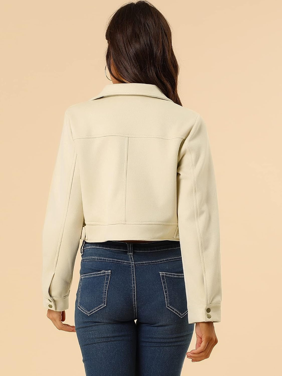 image:imageAllegra K Womens Faux Suede Jacket Button Down Collar Crop OuterwearBeige