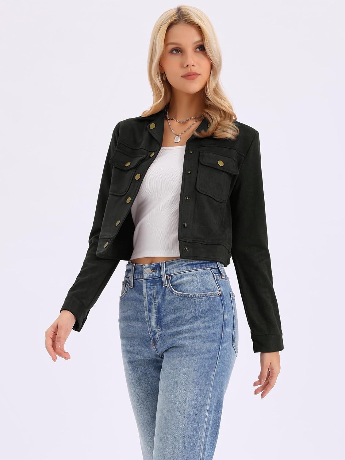 image:imageAllegra K Womens Faux Suede Jacket Button Down Collar Crop OuterwearBlack