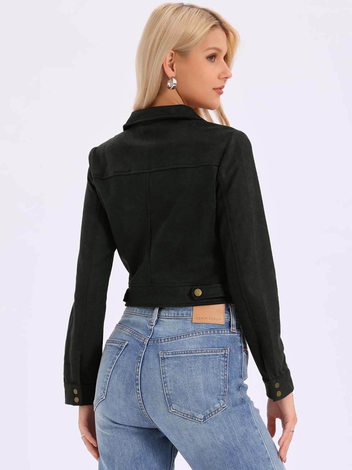 image:imageAllegra K Womens Faux Suede Jacket Button Down Collar Crop OuterwearBlack