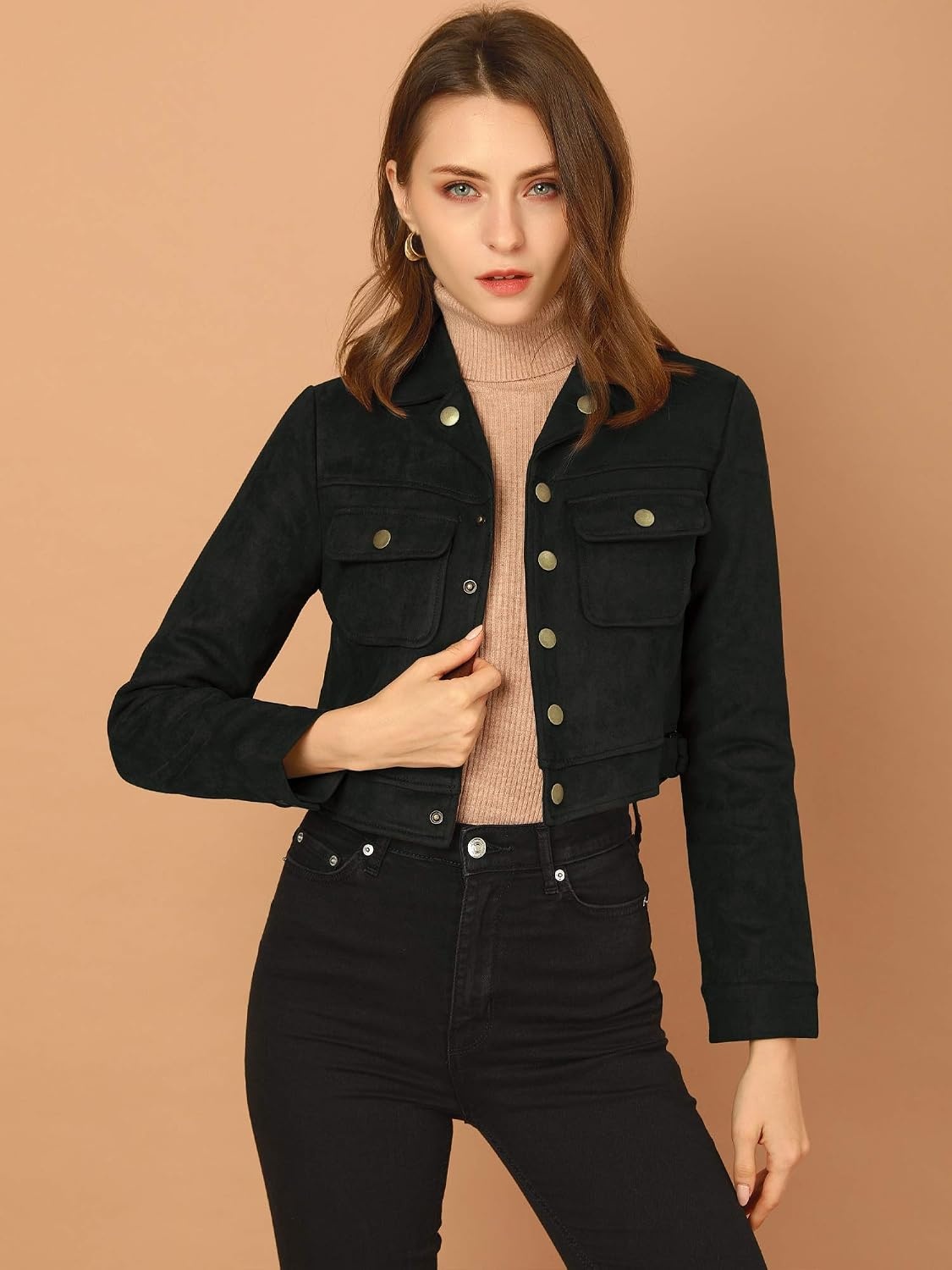 image:imageAllegra K Womens Faux Suede Jacket Button Down Collar Crop OuterwearBlack