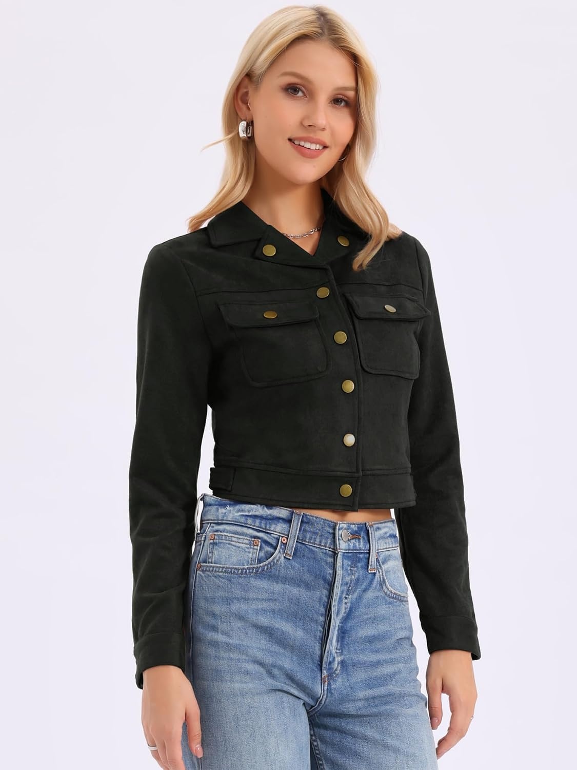 image:imageAllegra K Womens Faux Suede Jacket Button Down Collar Crop OuterwearBlack