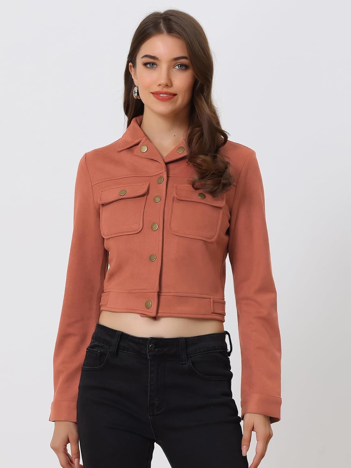image:imageAllegra K Womens Faux Suede Jacket Button Down Collar Crop OuterwearBrown Red