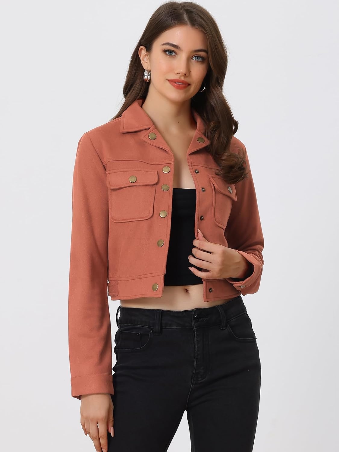 image:imageAllegra K Womens Faux Suede Jacket Button Down Collar Crop OuterwearBrown Red