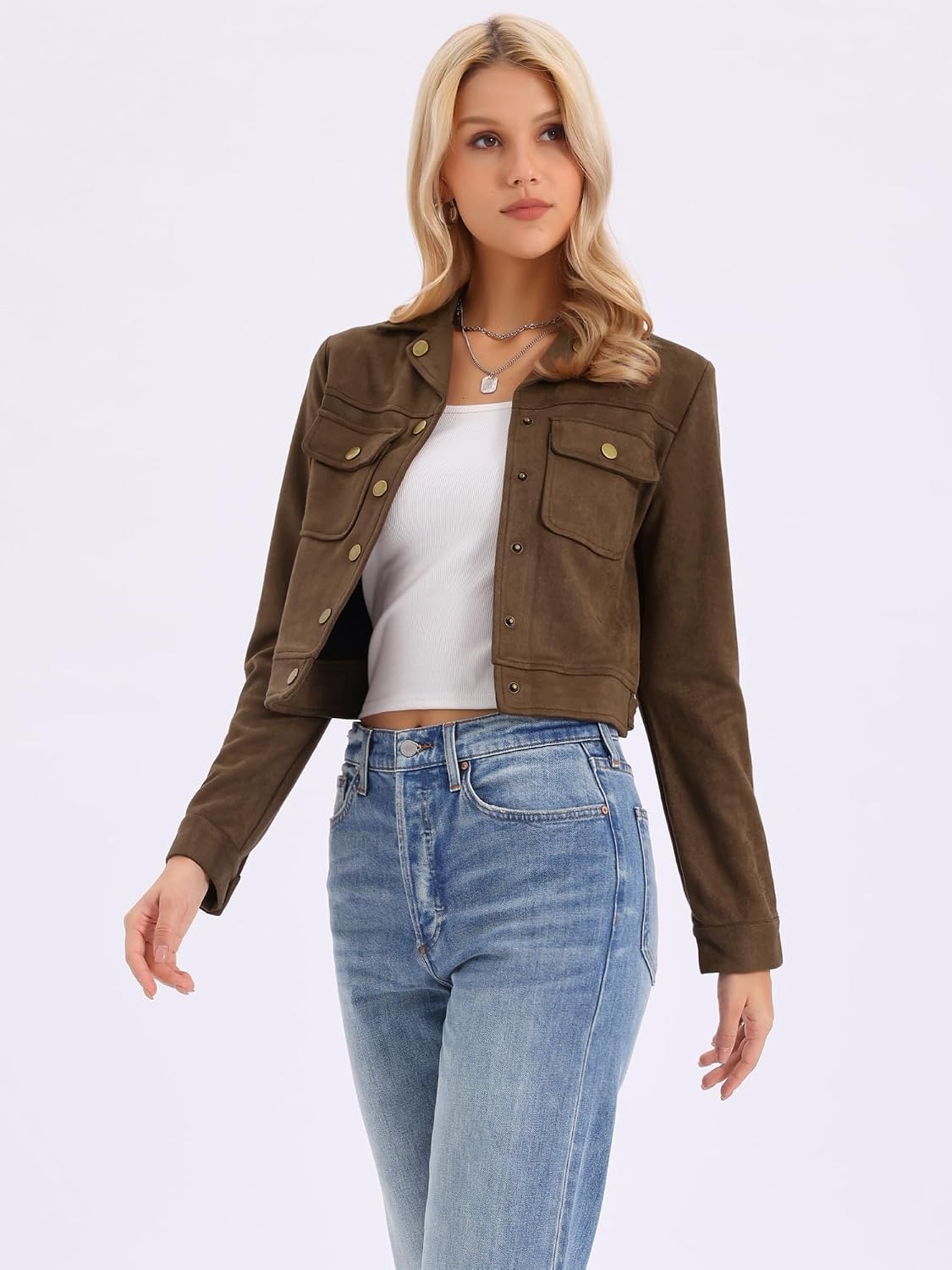 image:imageAllegra K Womens Faux Suede Jacket Button Down Collar Crop OuterwearCoffee