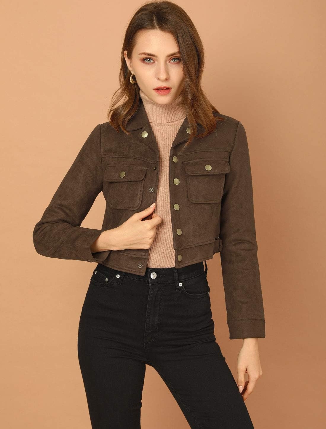 image:imageAllegra K Womens Faux Suede Jacket Button Down Collar Crop OuterwearCoffee