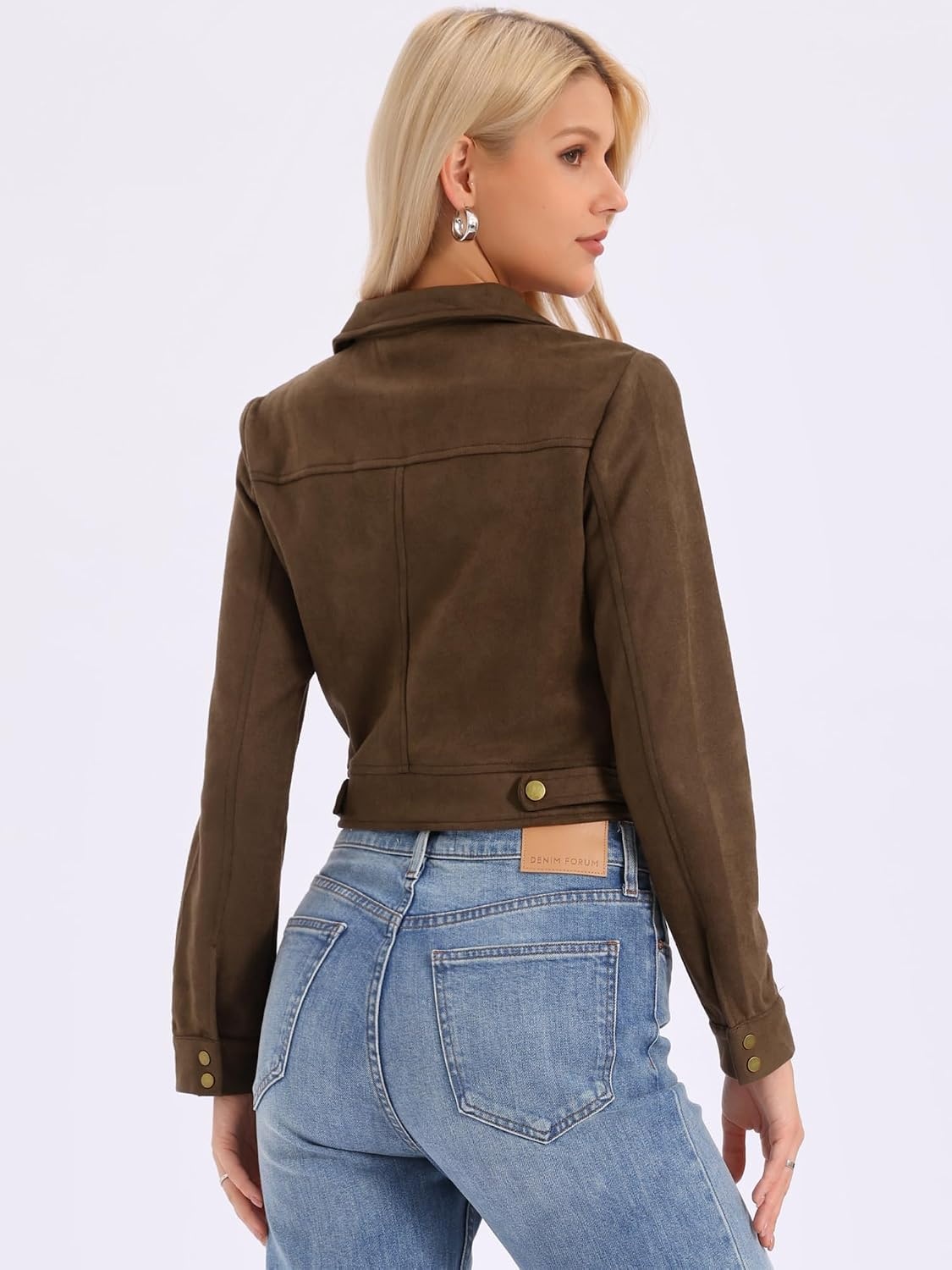 image:imageAllegra K Womens Faux Suede Jacket Button Down Collar Crop OuterwearCoffee