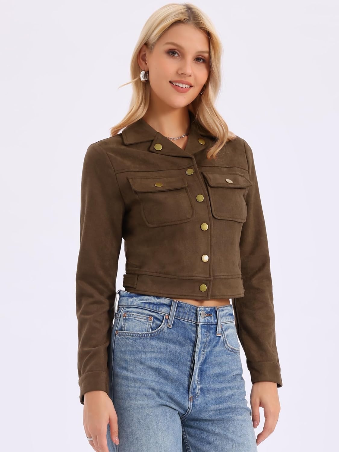 image:imageAllegra K Womens Faux Suede Jacket Button Down Collar Crop OuterwearCoffee