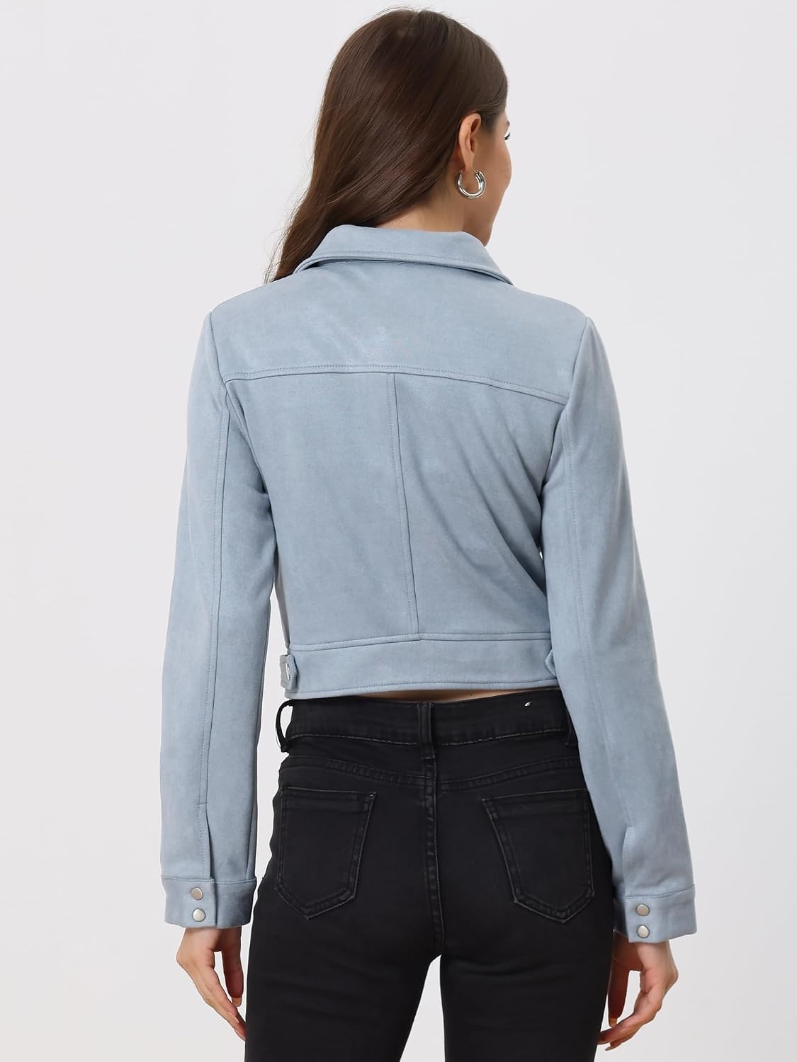 image:imageAllegra K Womens Faux Suede Jacket Button Down Collar Crop OuterwearGrey Blue