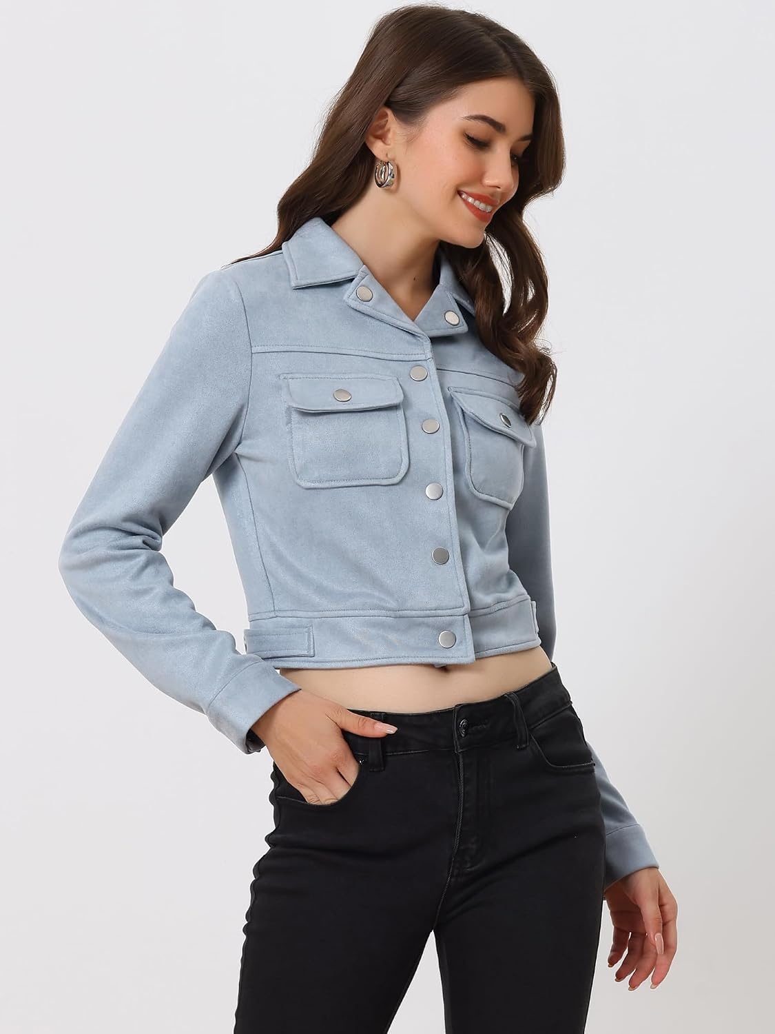 image:imageAllegra K Womens Faux Suede Jacket Button Down Collar Crop OuterwearGrey Blue
