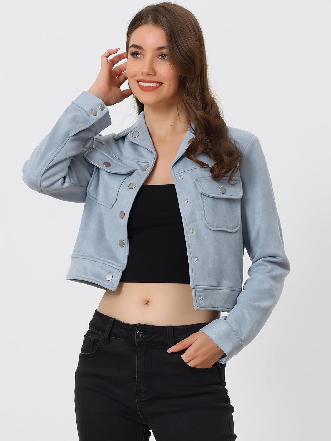 image:imageAllegra K Womens Faux Suede Jacket Button Down Collar Crop OuterwearGrey Blue